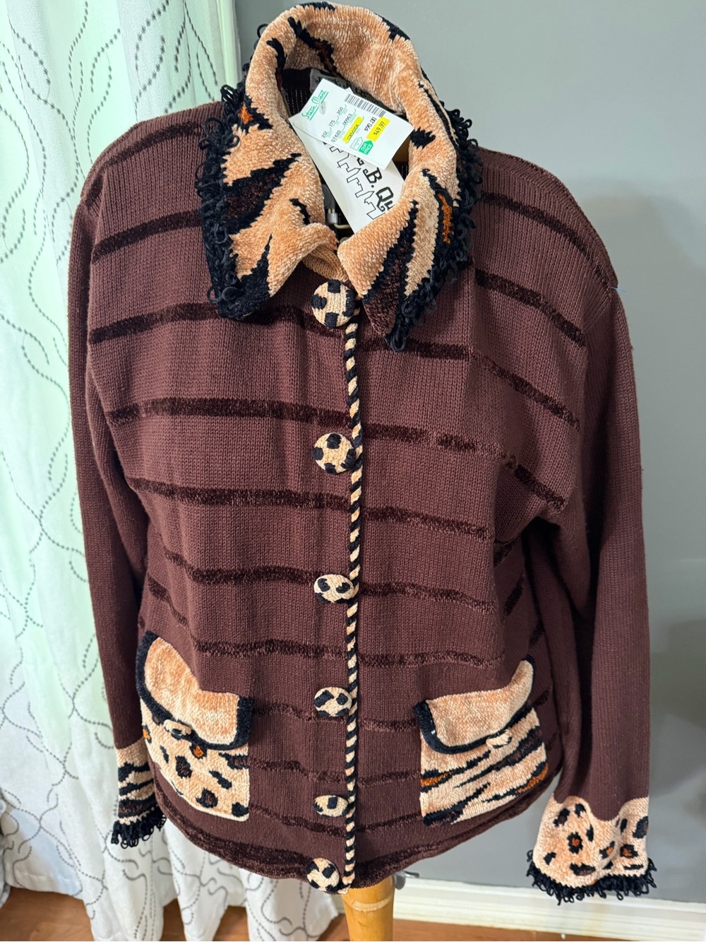 Jack B.Quick Vintage 90s Animal Print Cardigan XL Brown Tiger Leopard Fringe NWT